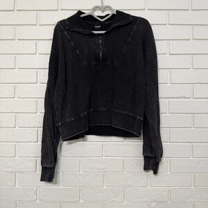 Mono B Cropped Quarter Zip Pullover Sweatshirt Large Charcoal